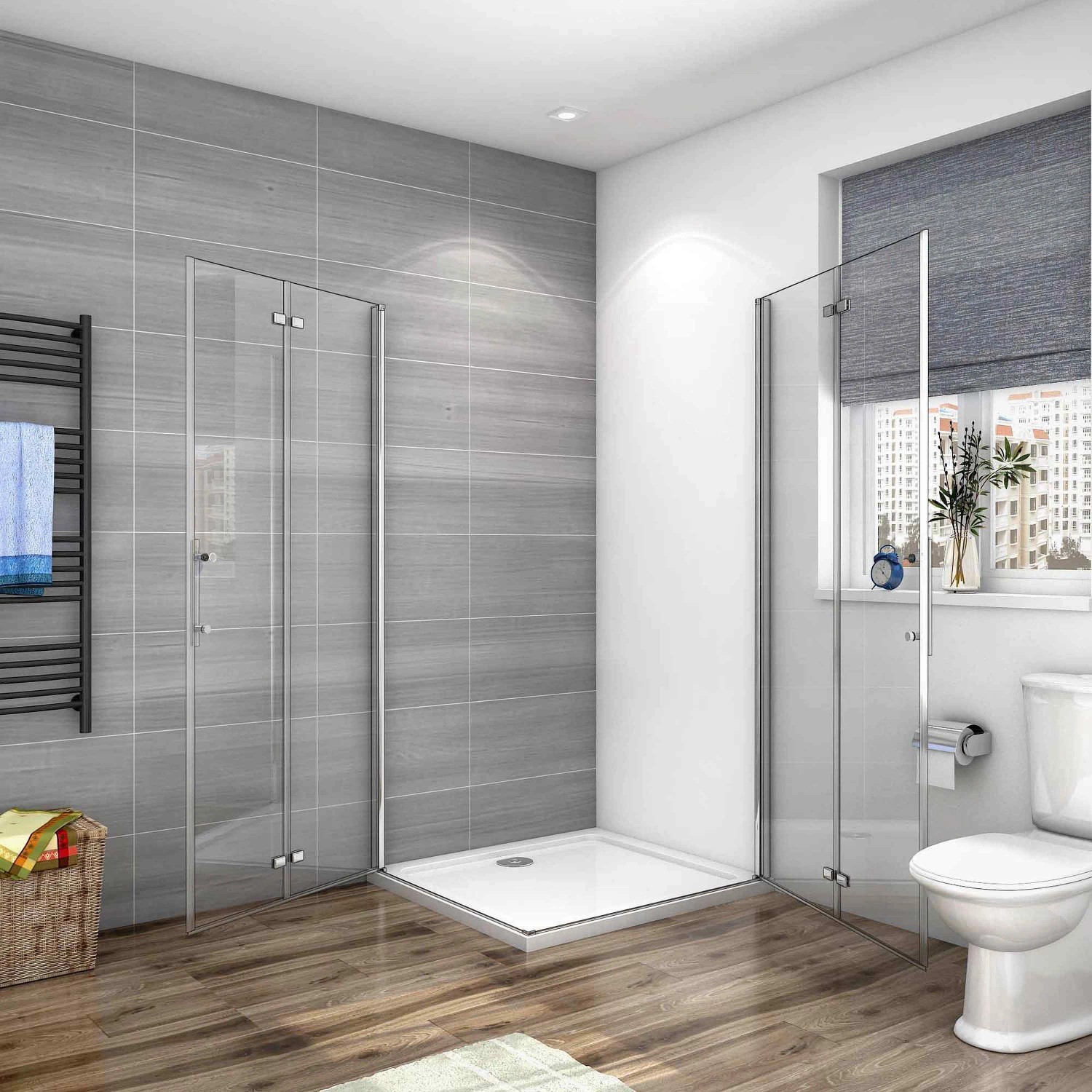 AICA Falttür Dusche 85x70cm, 6mm NANO Glas, Eckeinstieg Pendeltür. Duschkabine mit Chromrahmen.