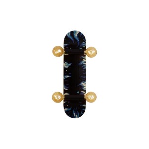 Schwarze Wandleuchte in Skateboard-Form mit blauen Akzenten und vier Leuchtmitteln.