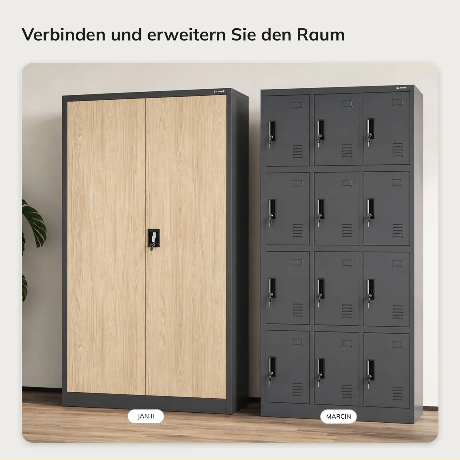 JAN NOWAK Metall-Aktenschrank JAN II, Anthrazit mit Eiche Sonoma Türen, abschließbar, neben Spind.