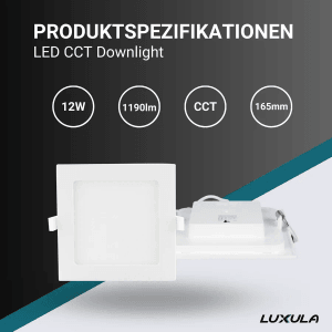 Quadratischer, weißer LUXULA LED Einbauspot mit CCT Farbtemperatursteuerung.