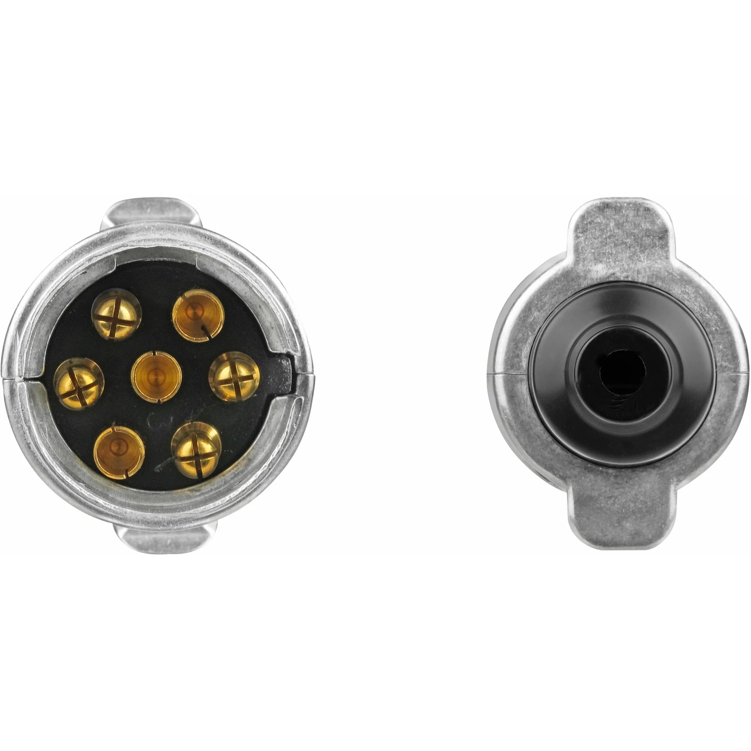LAS 7-poliger Metall-Stecker für PKW Anhänger, Detailansicht der Kontakte und Rückseite.