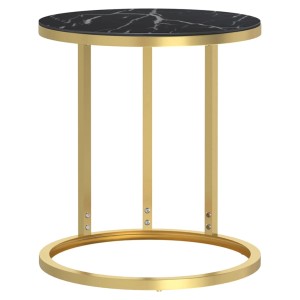 Runder Beistelltisch mit goldfarbenem Gestell und schwarzer Marmor-Optik Hartglasplatte. Modern.