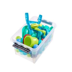 Transparente SmartStore Aufbewahrungsbox Classic 46L mit blau-grünem Spielzeug gefüllt.