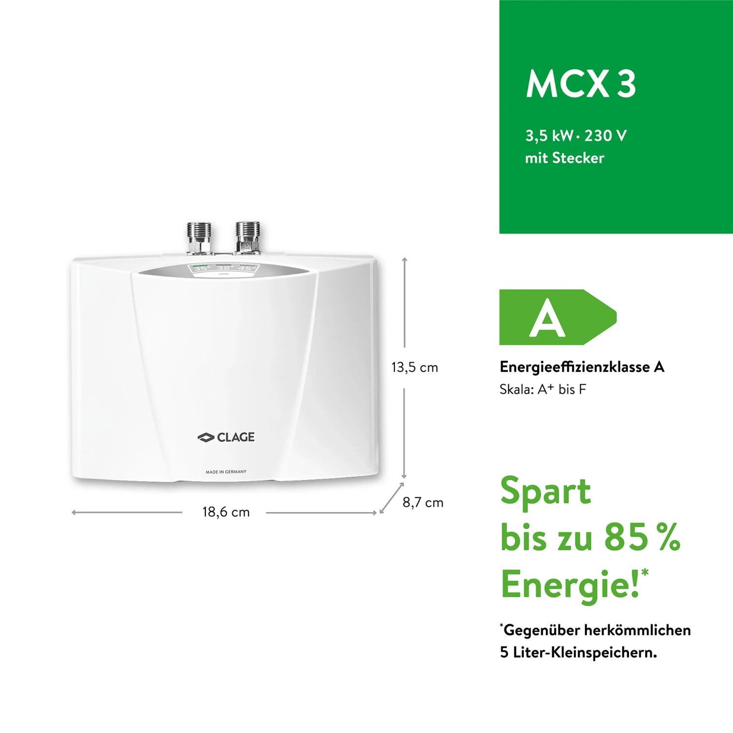 Clage MCX3 Kleindurchlauferhitzer, elektronisch, 3,5 kW, weiß, mit Maßangaben.