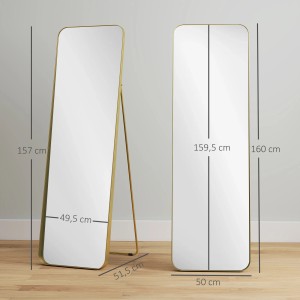 HOMCOM Ganzkörperspiegel, goldener Metallrahmen, 160 cm hoch, stehend und angelehnt.