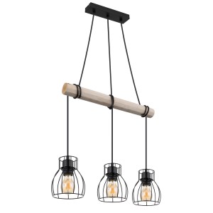 Globo Hängeleuchte Mina, 3-flammig, Holz/Schwarz, Pendelleuchte mit Holzstamm und schwarzen Metallschirmen.