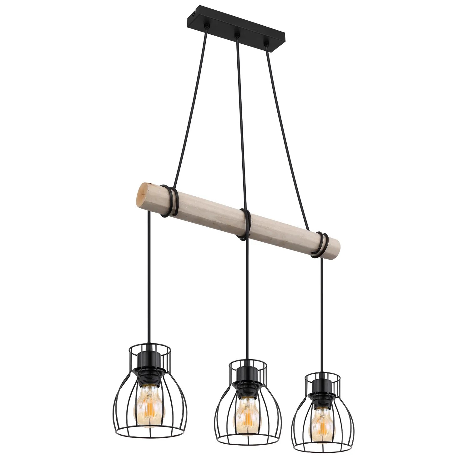 Globo Hängeleuchte Mina, 3-flammig, Holz/Schwarz, Pendelleuchte mit Holzstamm und schwarzen Metallschirmen.