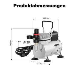 Wiltec Airbrush Kompressor AF18-2 mit Abmessungen 205x250x131mm. Silber-schwarzer Membrankompressor mit Manometer, Wasserfilter.
