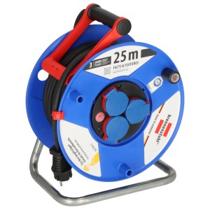 Blaue Garant Kabeltrommel 25m mit 3 IP44 Schutzkontakt-Steckdosen und rotem Tragegriff für Baustellen.
