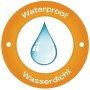 Symbol: Wasserfester Duschvorhang mit Wassertropfen in orangem Kreis.
