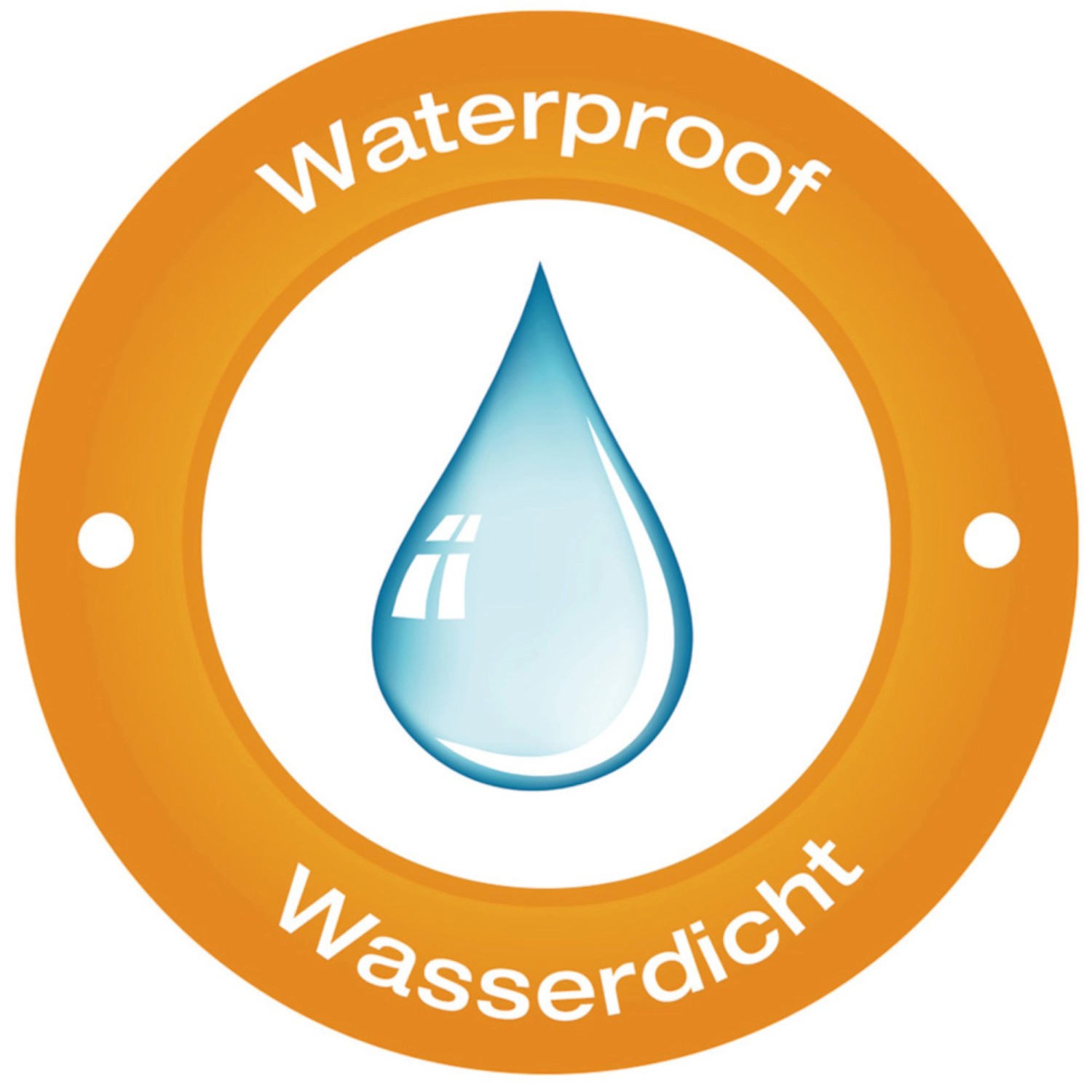 Symbol: Wasserfester Duschvorhang mit Wassertropfen in orangem Kreis.