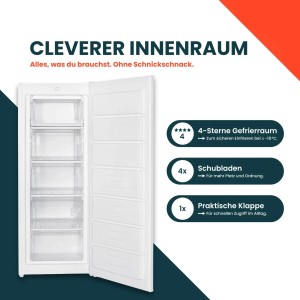 Offener, weißer homeX Gefrierschrank mit Schubladen und Klappe. Elektrogerät für die Küche oder den Keller.