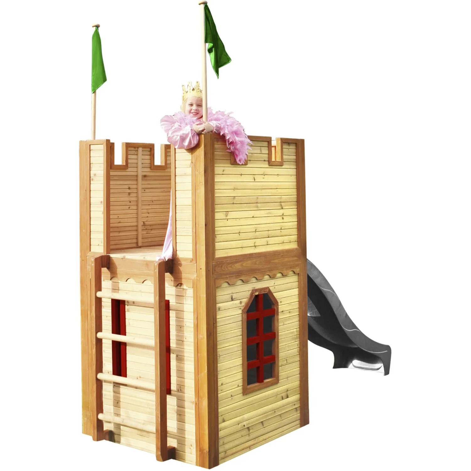 Axi Arthur Spielhaus aus Holz mit Rutsche, im Burg-Design mit Kind auf dem Turm.