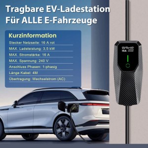Junsun Typ 2 3kW EV-Ladegerät, tragbar, zum Laden eines weißen Elektroautos.