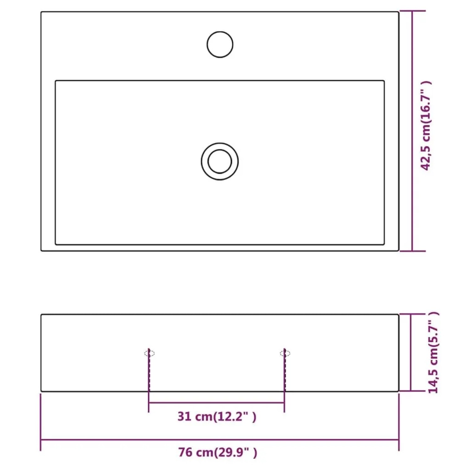 vidaXL Waschbecken mit Hahnloch Keramik Weiß 76x42,5x14,5 cm 142348_6
