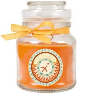 Duftkerze Schütze im Glas mit Honigmelone Duft, verziert mit Schleife.