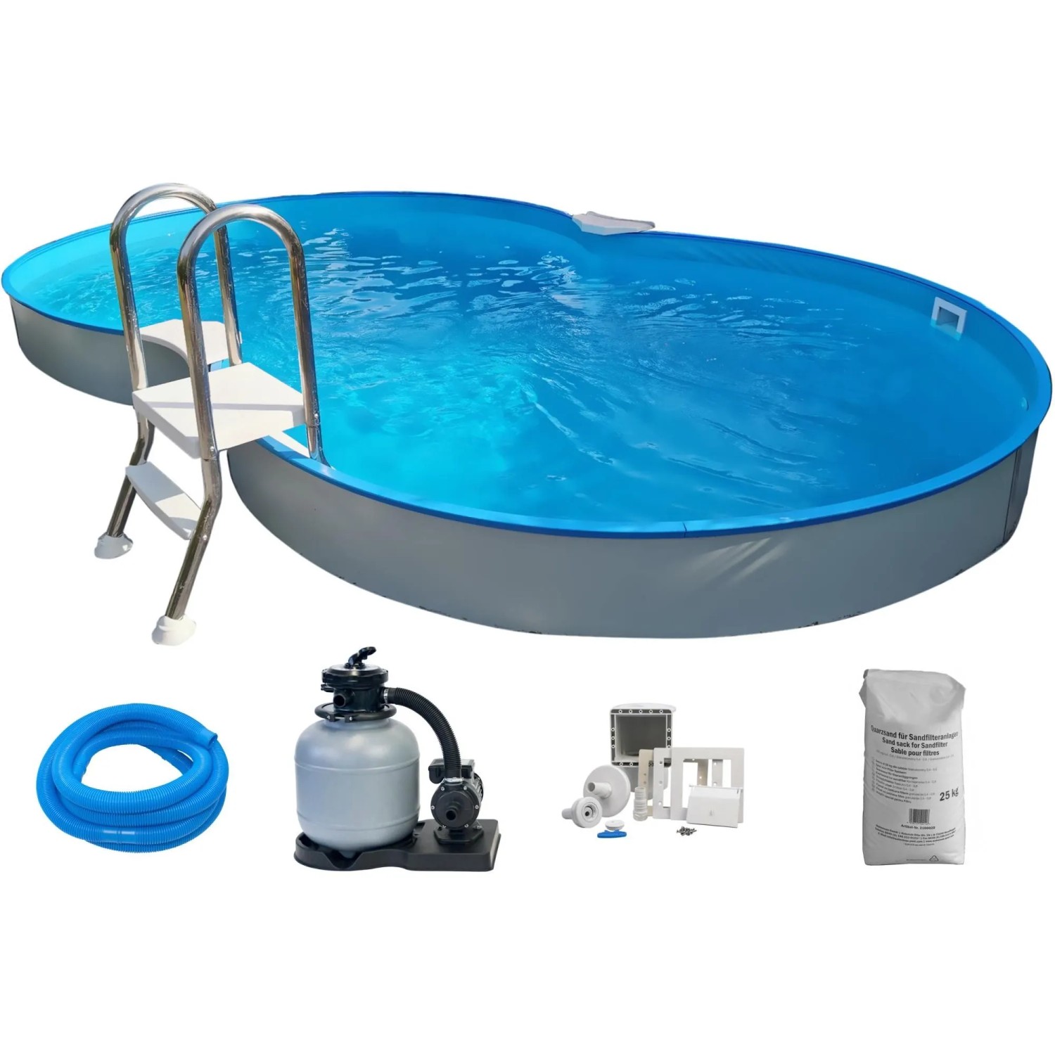 Planet Pool Stahlwandpool Set Achtform Cannes 625x360x150cm Stahl 0,8mm Weiß Folie 0,6mm Blau Einhängebiese