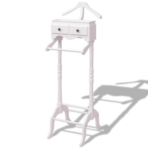 Eleganter weißer Kleiderständer aus Holz mit zwei Schubladen, Hängeschiene und Kleiderbügel für die Garderobe.