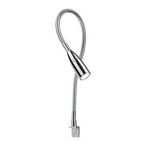 Chrom LED Bettleuchte mit flexiblem Schwanenhals, warmweißes Licht, zur Montage als Leseleuchte.