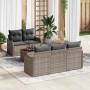 Graues 6-teiliges vidaXL Garten-Sofa-Set aus Poly Rattan mit Tisch und grauen Kissen.