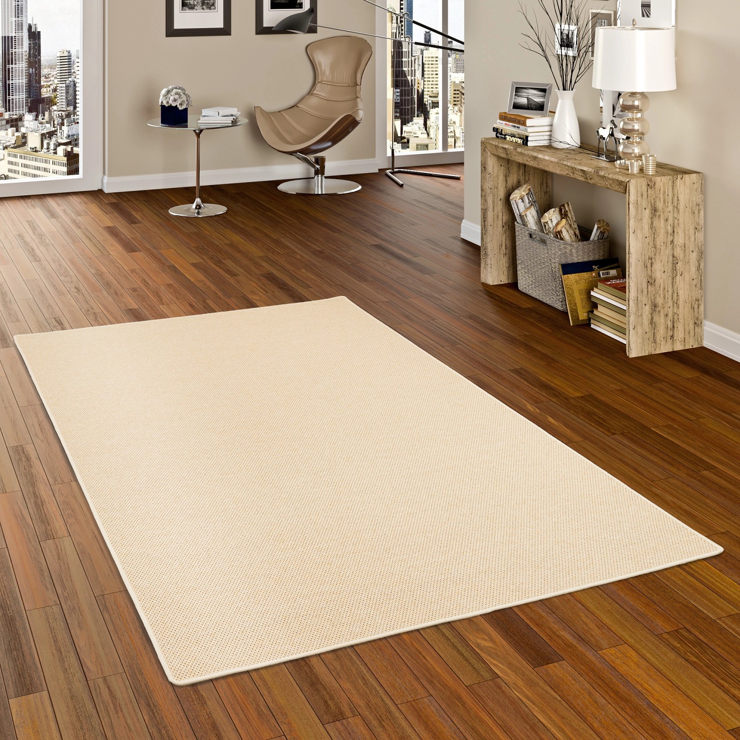 Beiger Snapstyle Flachgewebe Teppich Bentzon, 100x400cm, im Wohnraum auf Holzboden.