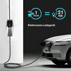 Junsun mobiles EV Ladegerät 11kW, 3-phasig mit Typ-2-Stecker lädt ein Elektroauto.