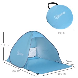 Blaue Outsunny Strandmuschel aus Polyester mit Stahldraht, inklusive Tragetasche.