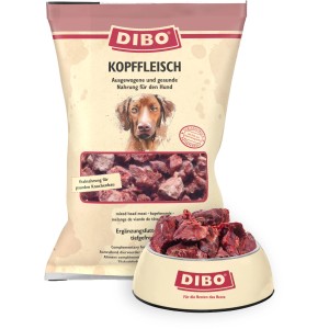 Dibo Hunde-Barf Kopffleisch 2kg: Frostfutter im Beutel und Hundenapf.