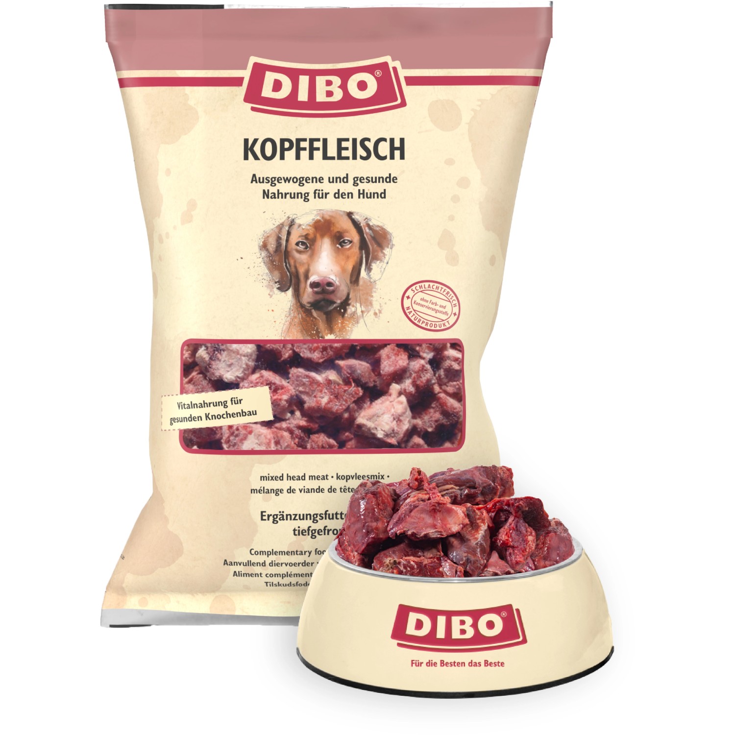 Dibo Hunde-Barf Kopffleisch 2kg: Frostfutter im Beutel und Hundenapf.