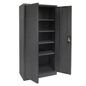 Offener Rikta Metallschrank, 168 cm hoch, anthrazit, mit vier Einlegeböden.