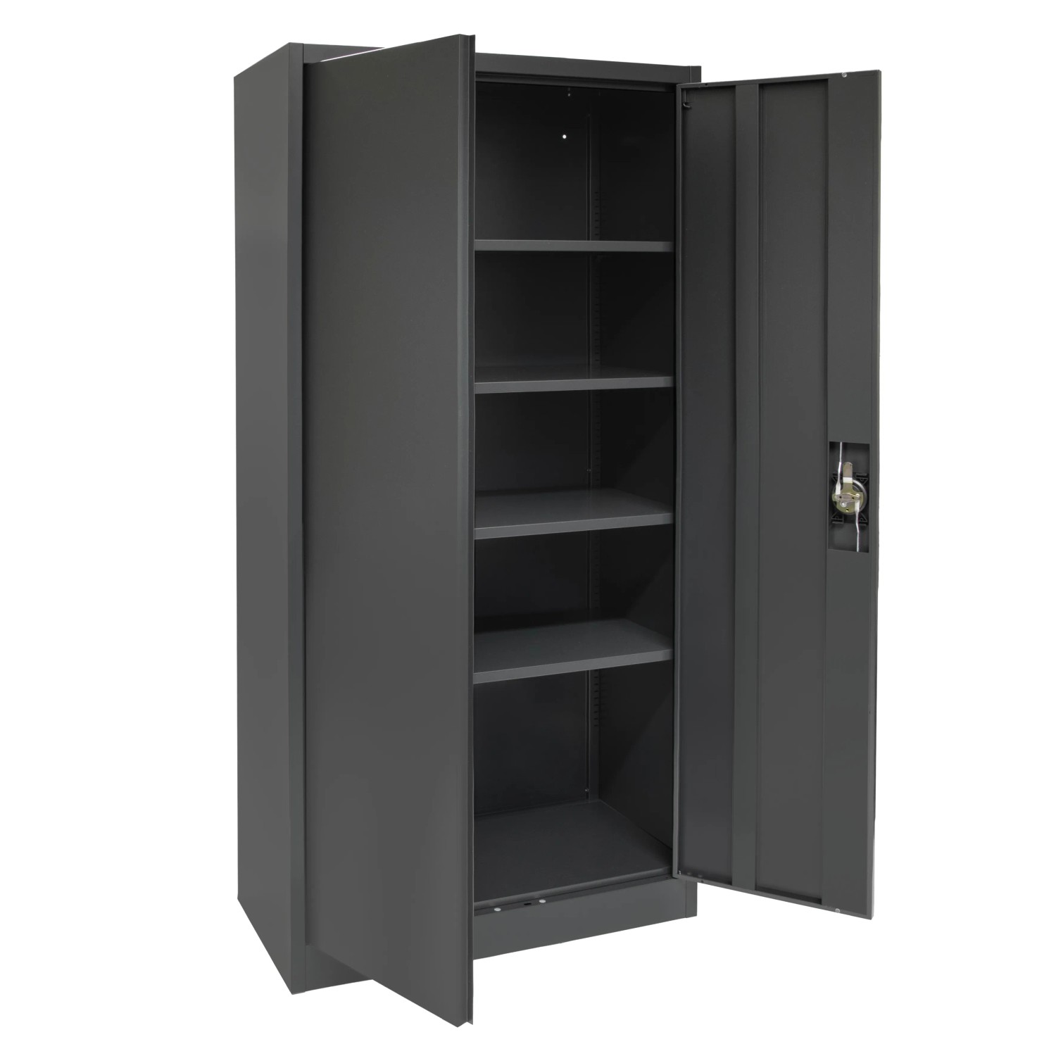 Offener Rikta Metallschrank, 168 cm hoch, anthrazit, mit vier Einlegeböden.