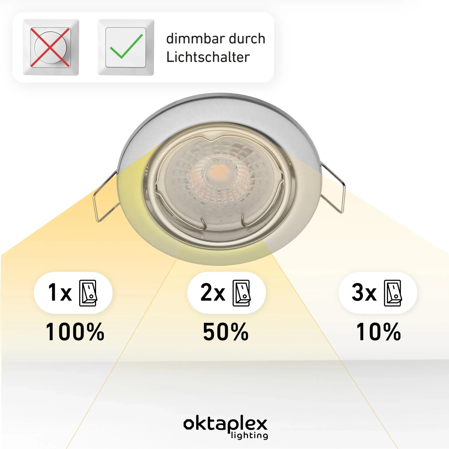 Oktaplex Dijon Einbauleuchte, 12er Set, dimmbar per Lichtschalter, Edelstahl gebürstet.
