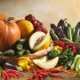 Südgemüse Sorten: Kürbis, Melone, Zucchini, Paprika und Chili in Körben.