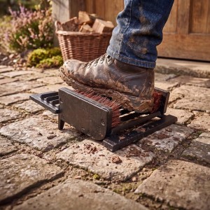 Schuhabstreifer aus Gusseisen mit Bürsten und Schuhauszieher reinigt schmutzigen Stiefel auf Pflastersteinen im Außenbereich.