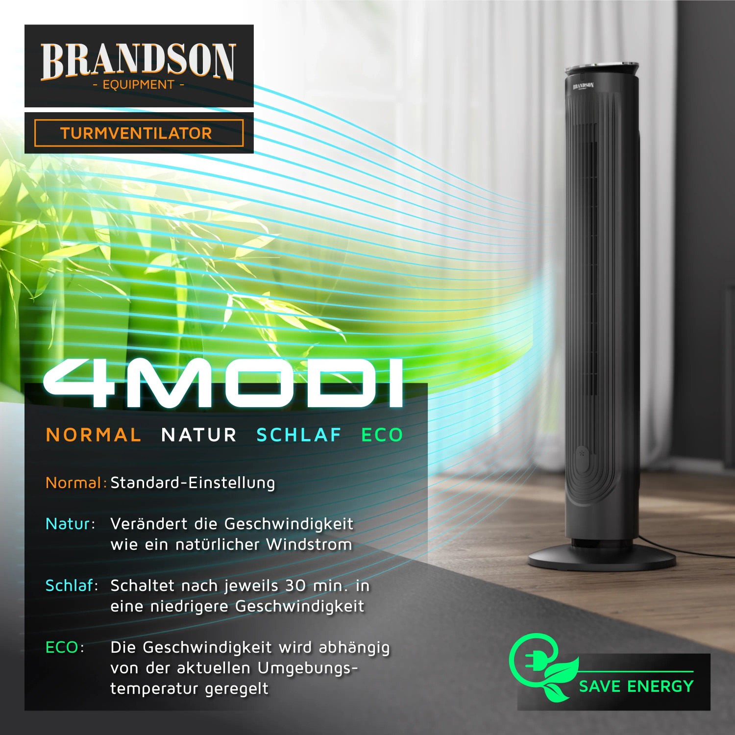 Brandson Turmventilator, 105cm, mit 4 Modi, Aromafach und Fernbedienung.