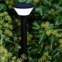 Schwarze Lutec Solar-Wegeleuchte Karlo, 45 cm hoch, mit LED und Solarpanel vor grünem Hintergrund.