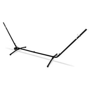 Schwarzes, verstellbares AMANKA Hängemattengestell aus Stahl, geeignet bis 120 kg, mit Rad zum einfachen Transport.