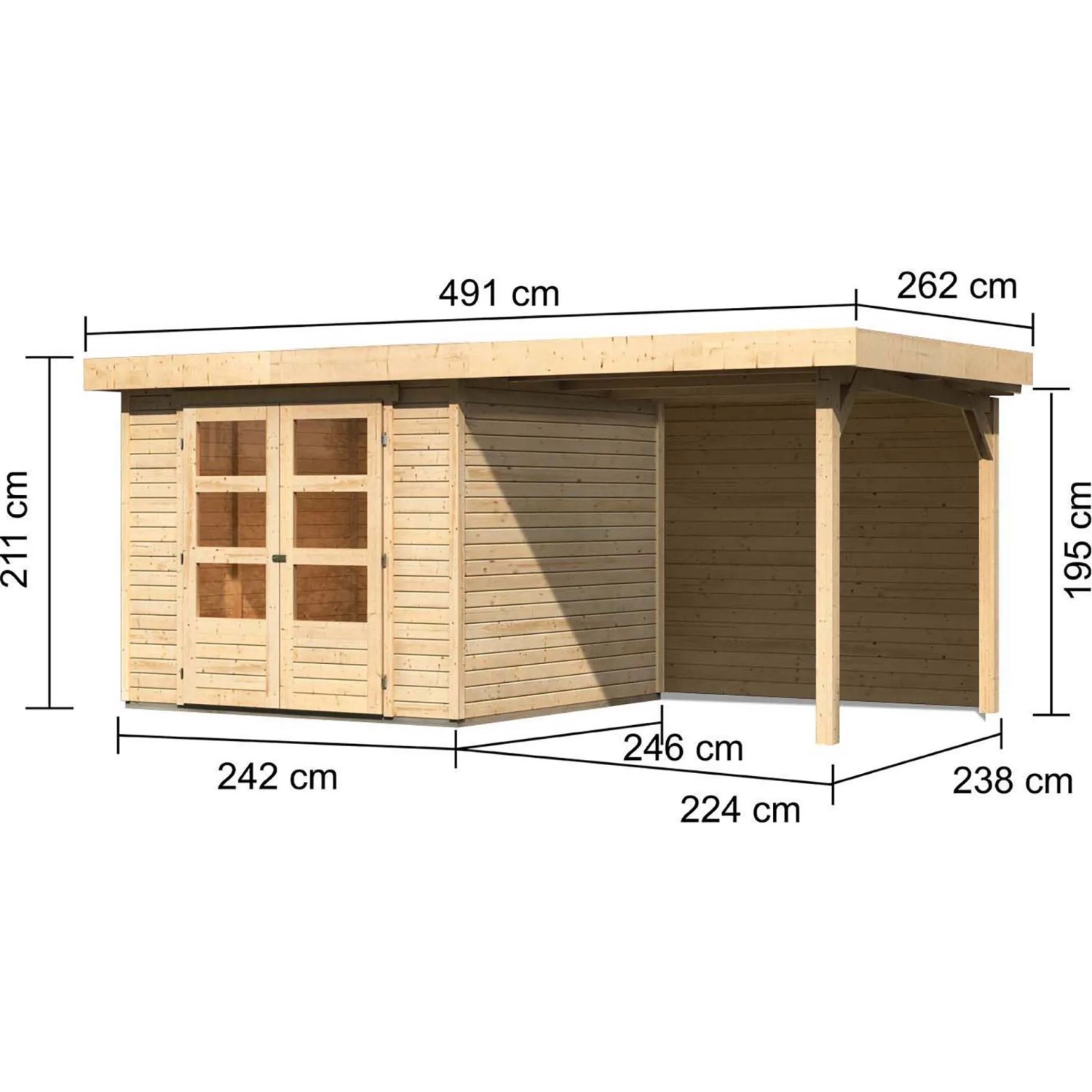 Karibu Holz-Gartenhaus Boras Natur mit Flachdach und Anbau, Maße: 238x242 cm.