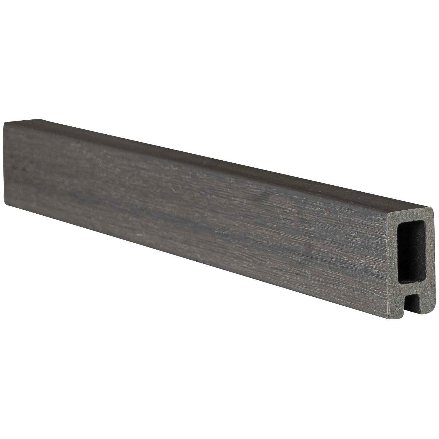 Detailaufnahme einer WPC Lamelle in Amethystgrau für GartenLand Shadowline Sichtschutzzaun.