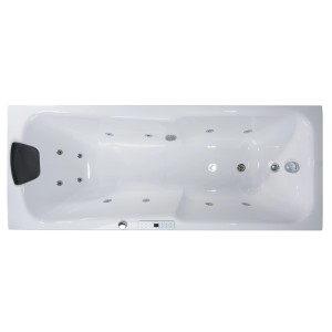 Aufnahme von oben: Weiße Basera® Indoor Whirlpool Badewanne Bali Premium 190x75 cm mit Kopfstütze und Düsen.
