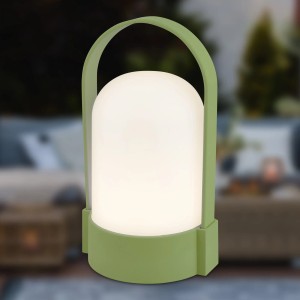 Brilo Akku-LED-Tischleuchte in Lindgrün mit Tragegriff, warmweißes Licht.