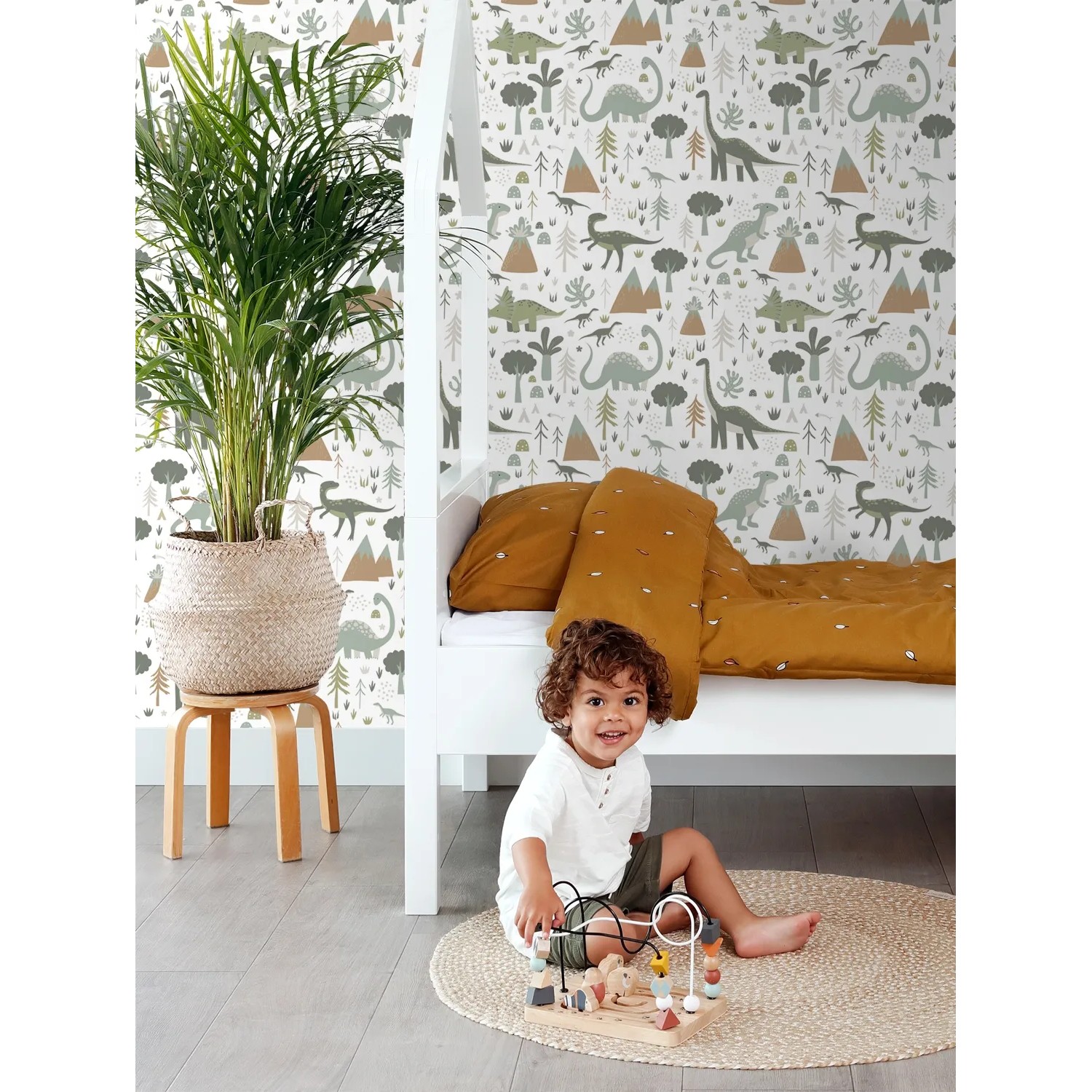 ESTAhome Vliestapete mit Vintage Dinosaurier-Muster in Blau/Grün im Kinderzimmer. Dekorative Tapete für Jungen & Mädchen.