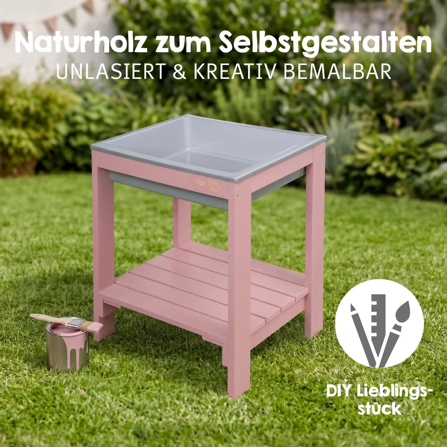 Roba Outdoor Spieltisch aus pinkem Holz mit grauer Spielwanne und Ablage. Für Kinder, DIY bemalbar im Garten.