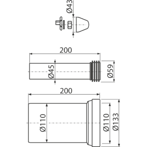 Technische Zeichnung Alcadrain WC-Zubehörset DN110, 200 mm, PE/PP, schwarz, mit Maßen.