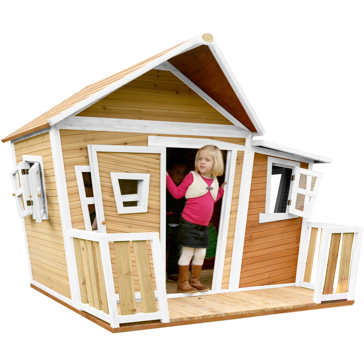 Axi Lisa Spielhaus aus Holz in Braun und Weiß mit Veranda und Kind im Eingang.