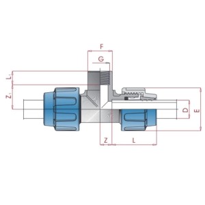 Technisches Diagramm der blauen Cepex PP PE Rohr Verschraubung T-Stück 25x1 Zoll IGx25mm mit Maßen.