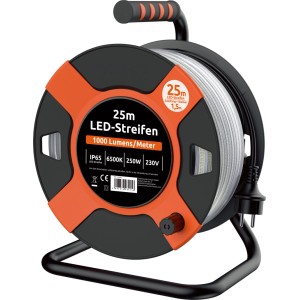 Kabeltrommel mit 25 m LED Lichtband, orange/schwarz, auf einem Metallgestell.