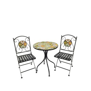 3-teiliges Bistro Set mit Mosaik aus Eisen, klappbar. Gartenset mit Tisch und zwei Stühlen.