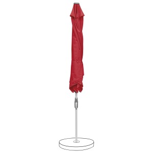 Geschlossener, roter Suncomfort Marktschirm mit Drehfunktion, geeignet für den Garten.