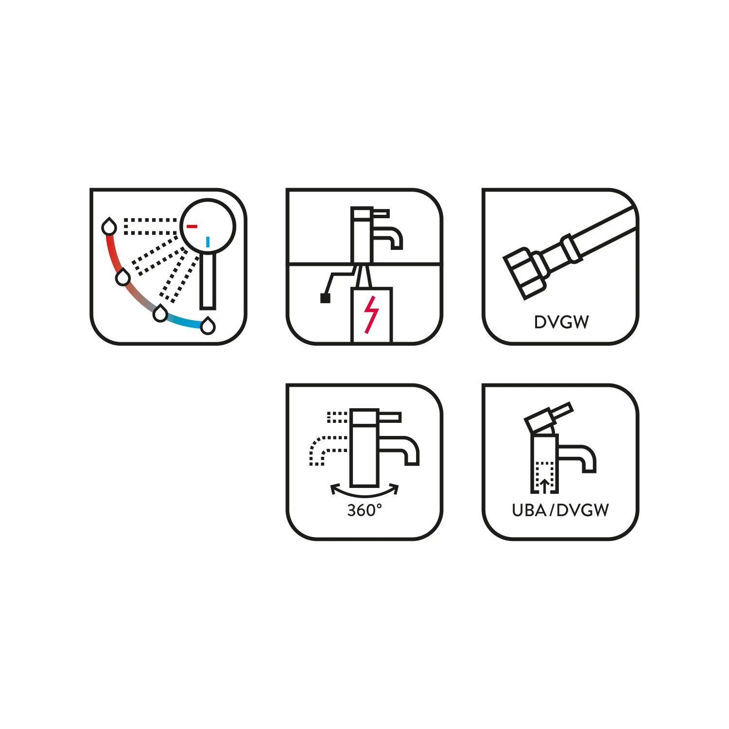 Icons zur baliv Küchenarmatur KI-1831 N: Niederdruck, 360° schwenkbar, DVGW-Zertifizierung, UBA.